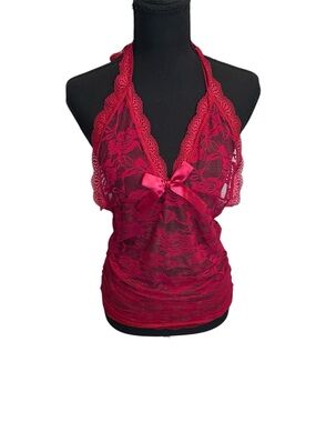 GEESENSS Sheer Lace Lingerie Halter Chemise in Berry with Satin Bow